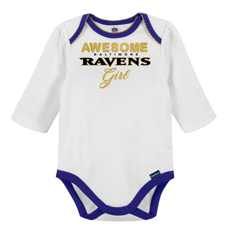 3-Piece Baby Girls Baltimore Ravens Bodysuit, Footed Pant, & Cap Set
