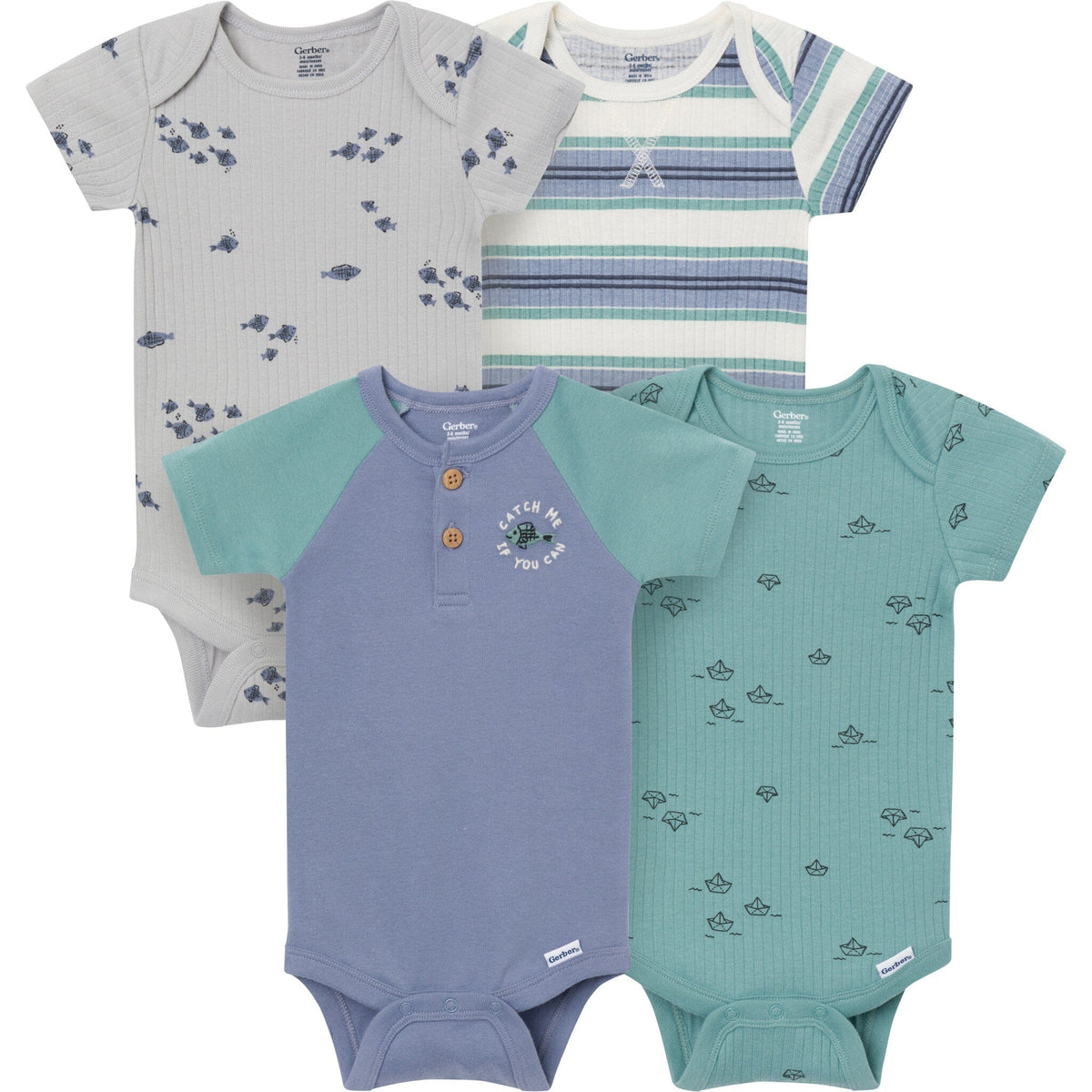 4-Pack Baby Boys Catch Me Fishing Short Sleeve Bodysuits onesies Gerber® 
