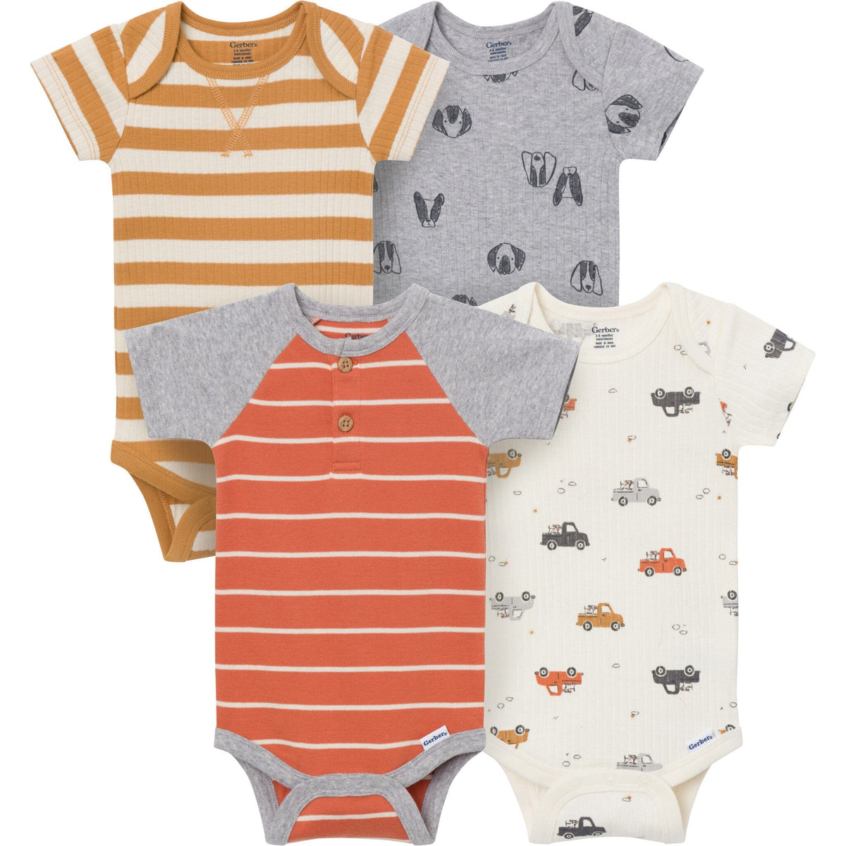 4-Pack Baby Boys Trucks & Dogs Short Sleeve Bodysuits onesies Gerber® 