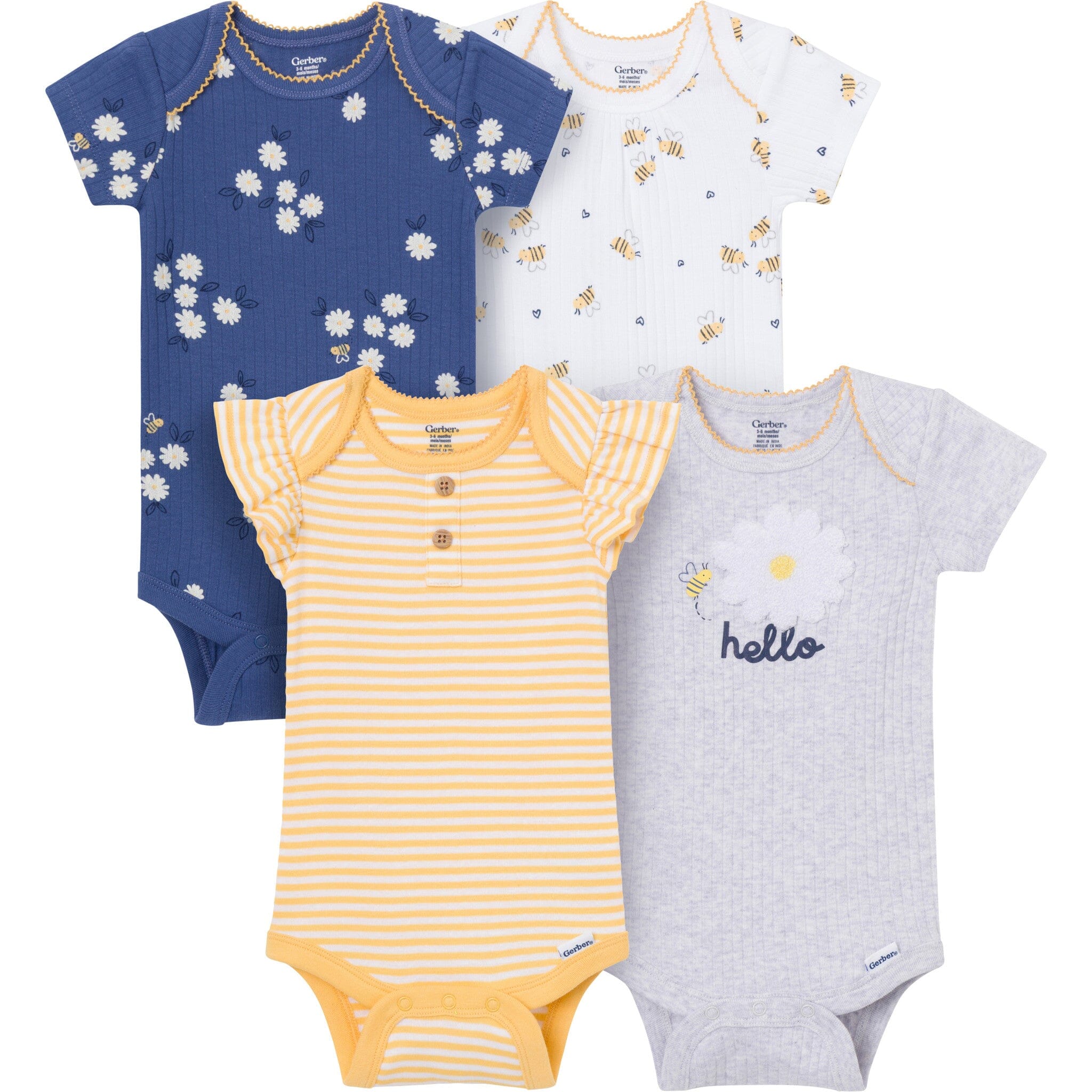 4-Pack Baby Girls Bee Flower Garden Short Sleeve Bodysuits onesies Gerber® 