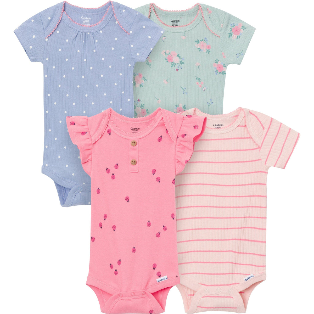 4-Pack Baby Girls Ladybug Pink Short Sleeve Bodysuits onesies Gerber® 