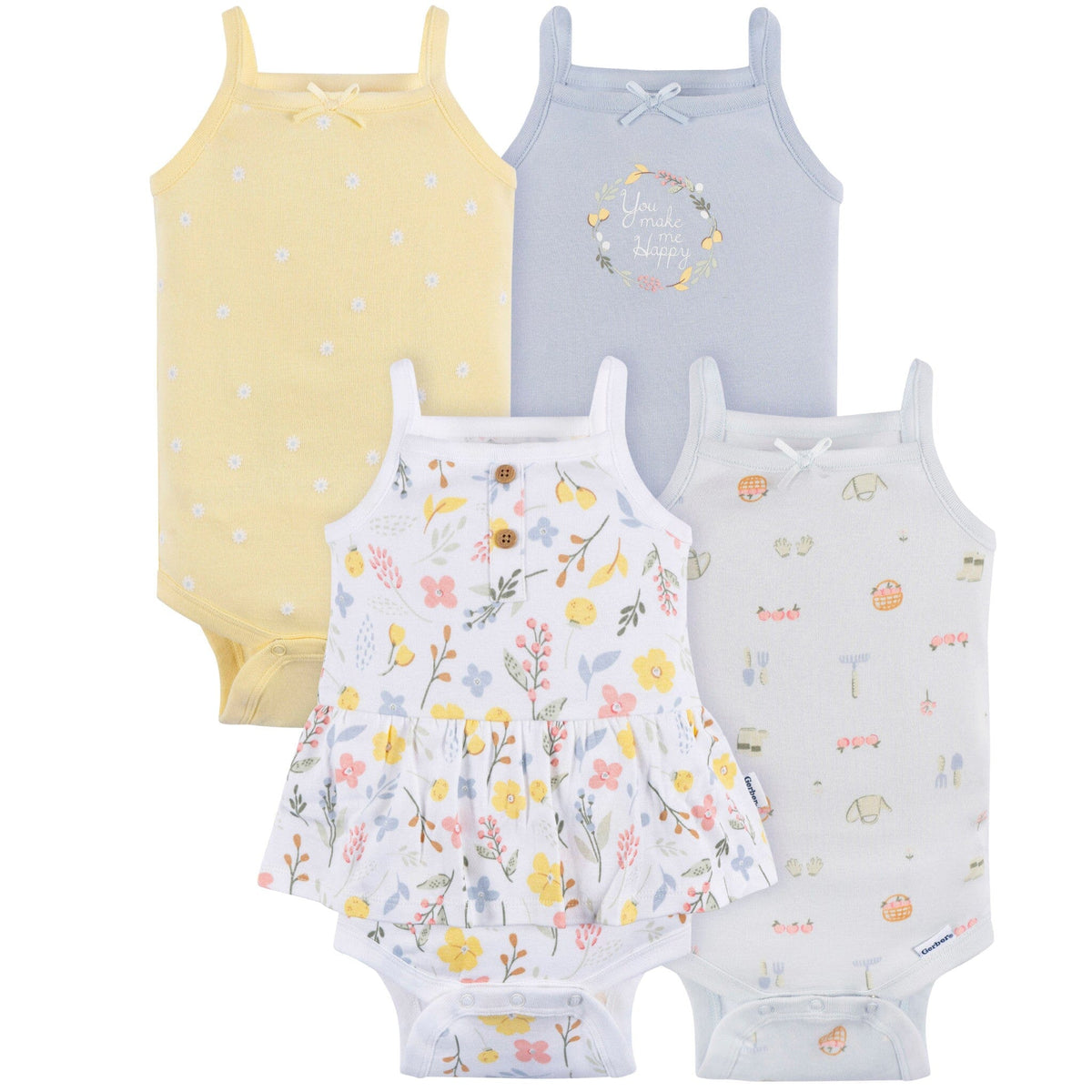 4-Pack Baby Girls White Floral Sleeveless Onesies® Bodysuits