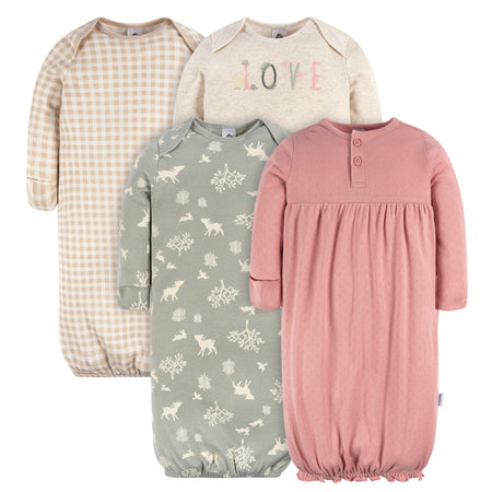 4-Pack Baby Girls Woodland Love Gowns