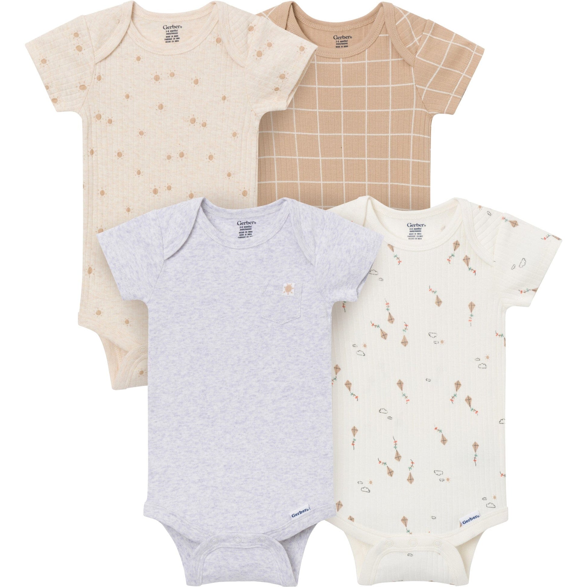 4-Pack Baby Neutral Sunny Day Kites Short Sleeve Bodysuits onesies Gerber® 