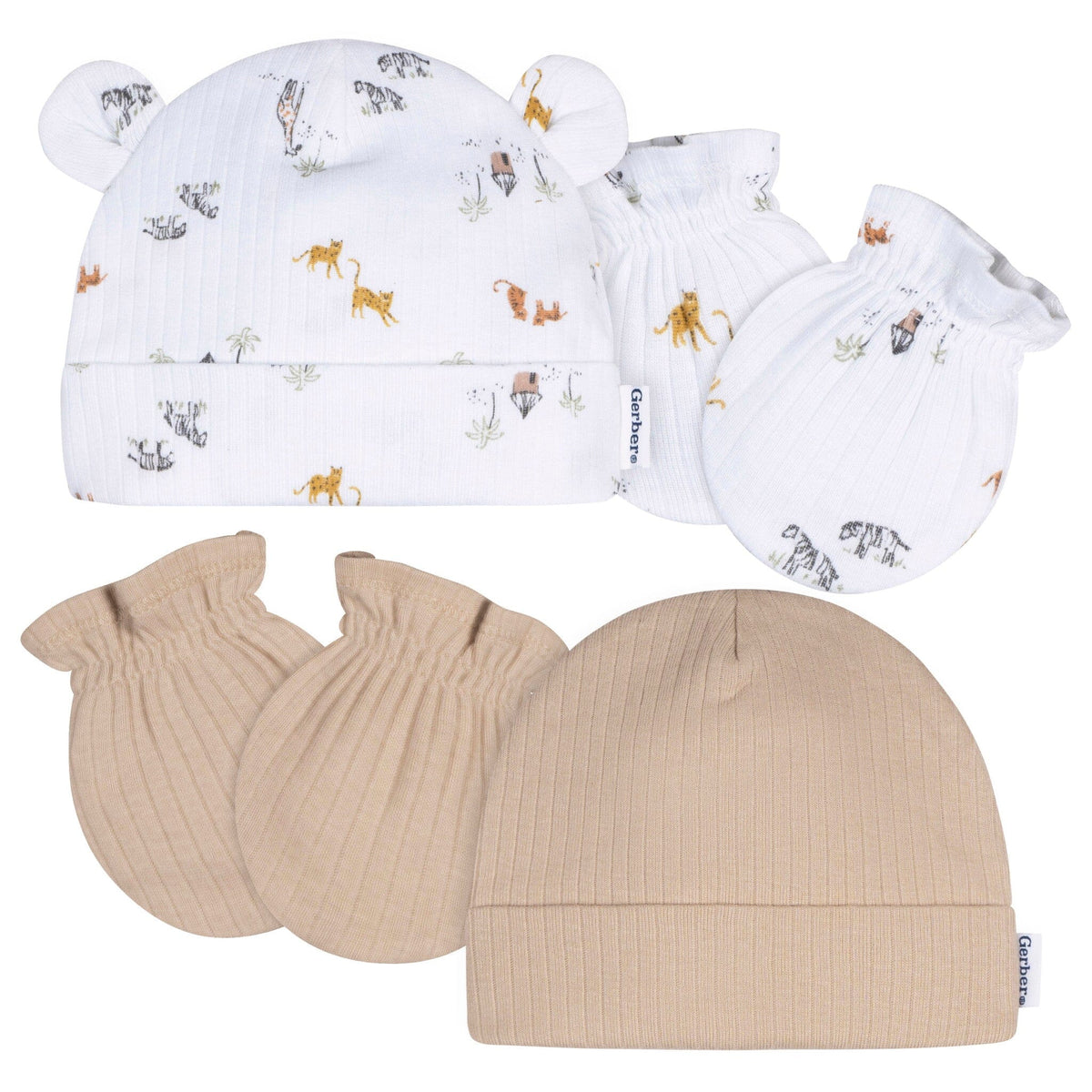 4-Piece Baby Neutral Safari Cap and Mitten Set Accessories Gerber® 