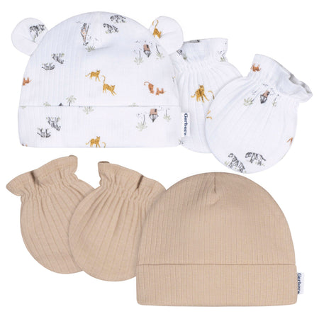 4-Piece Baby Neutral Safari Cap and Mitten Set