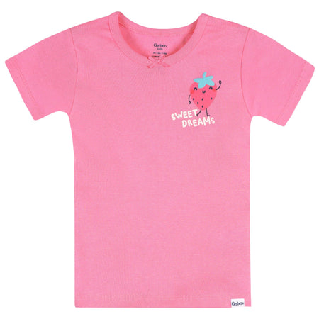 4-Piece Infant & Toddler Girls Pink and Green Strawberries Top and Shorts Pajama Set
