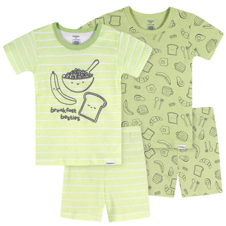 4-Piece Infant & Toddler Neutral Green Breakfast Cotton Pajama Short Set
