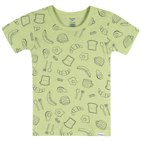 4-Piece Infant & Toddler Neutral Green Breakfast Cotton Pajama Short Set