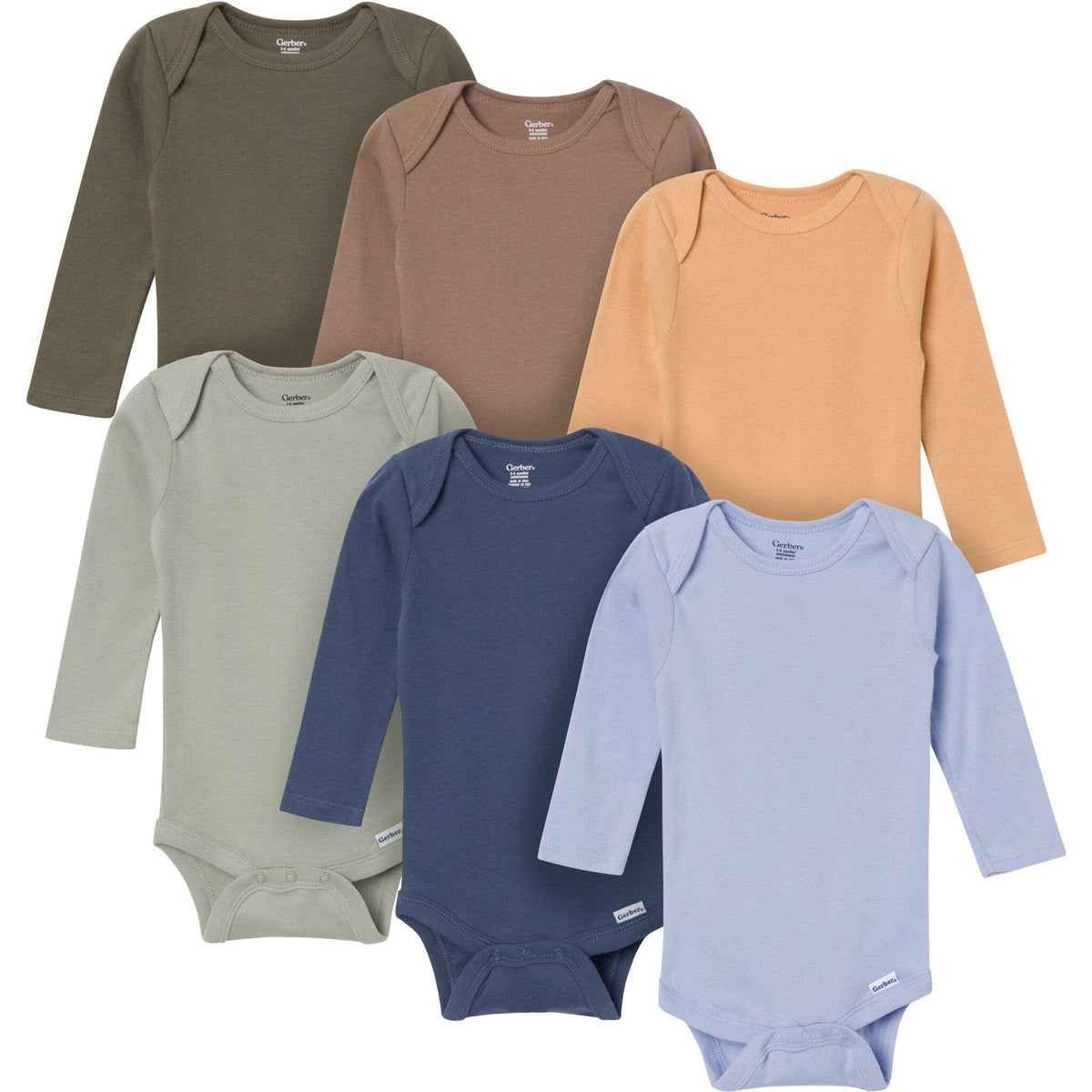 6-Pack Baby Boys Blue, Green, Brown and Yellow Long Sleeve Bodysuits onesies Gerber® 
