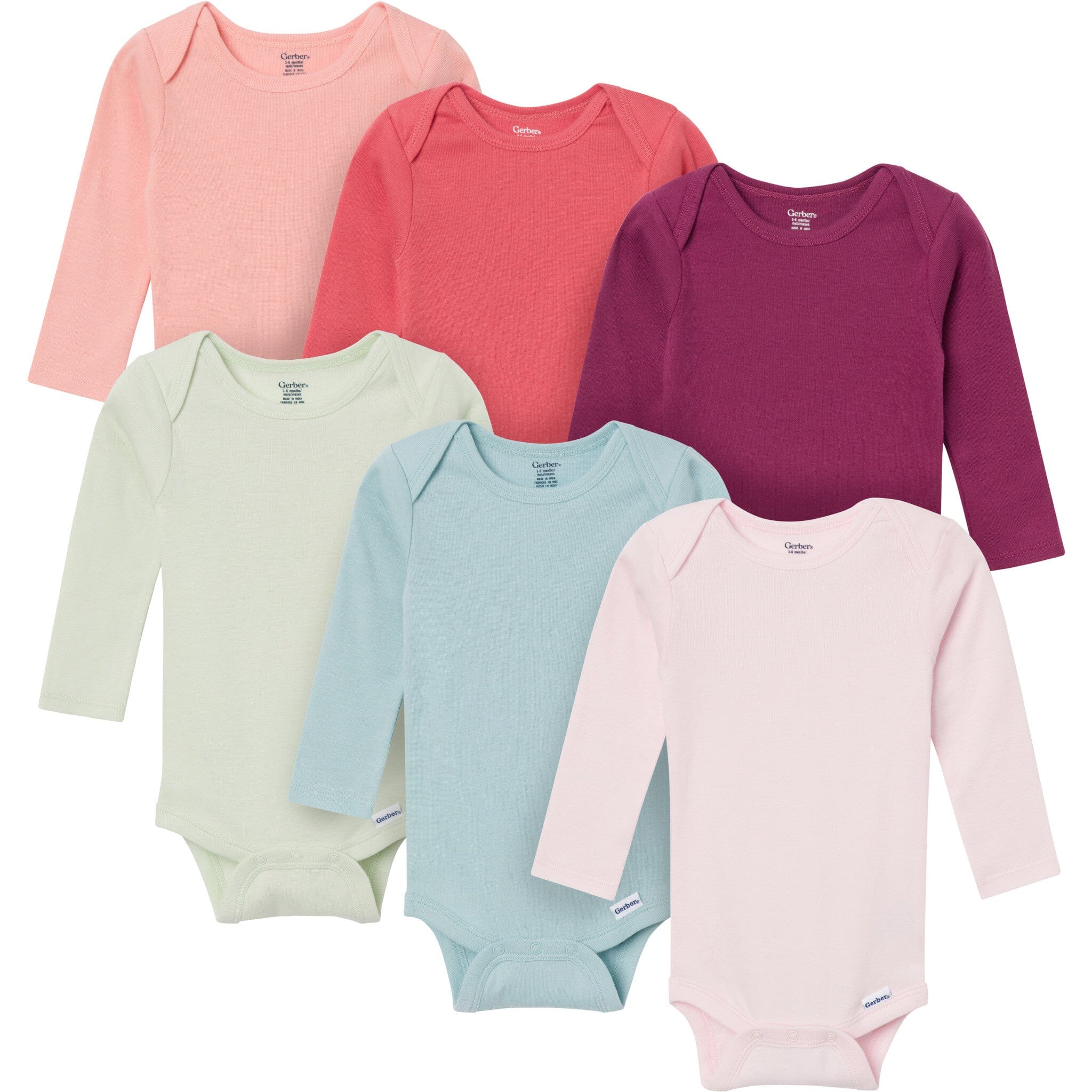 6-Pack Baby Girls Pink, Purple and Green Long Sleeve Bodysuits onesies Gerber® 