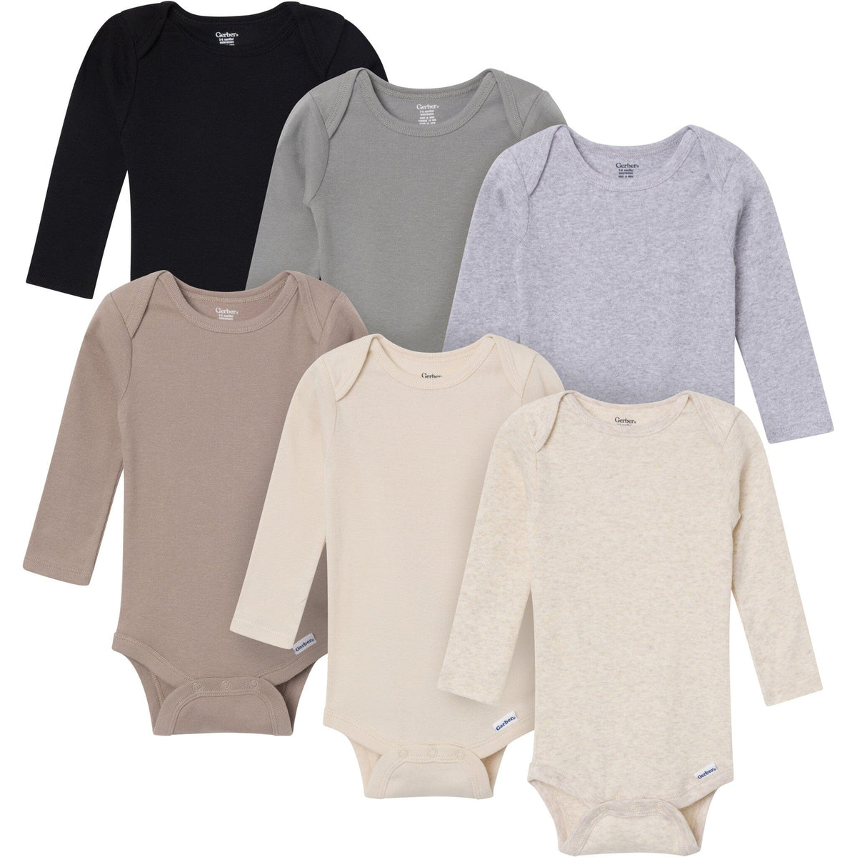 6-Pack Baby Neutral Gray, Black and Brown Long Sleeve Bodysuits onesies Gerber® 