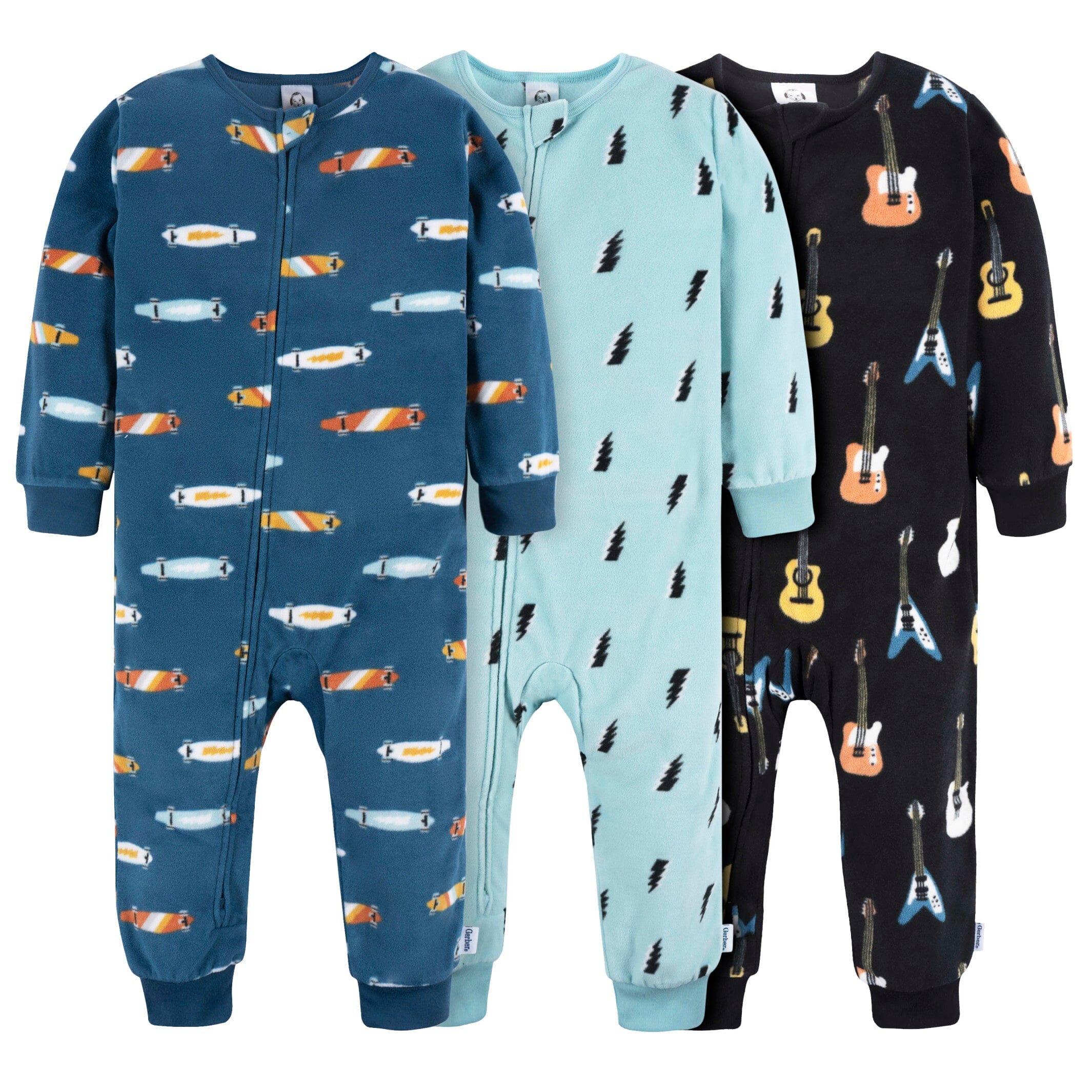 3-Pack Infant & Toddler Boys Skateboard/Guitars Footless Fleece Pajamas