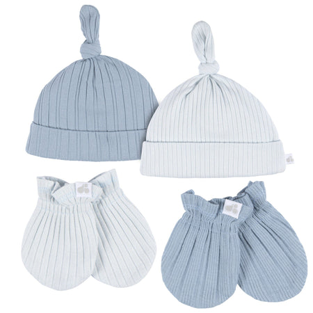 4-Piece Baby Boys Blue Hat and Mitten Set