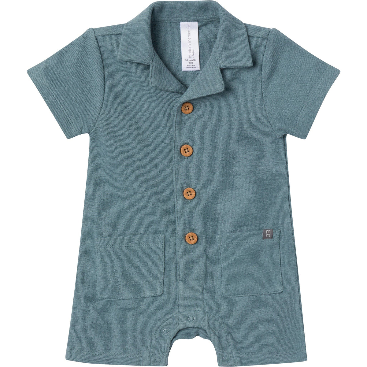 Baby Boys Dark Teal Collared Short Sleeve Romper