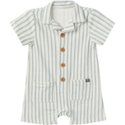 Baby Boys Ivory Teal Stripe Collared Short Sleeve Romper