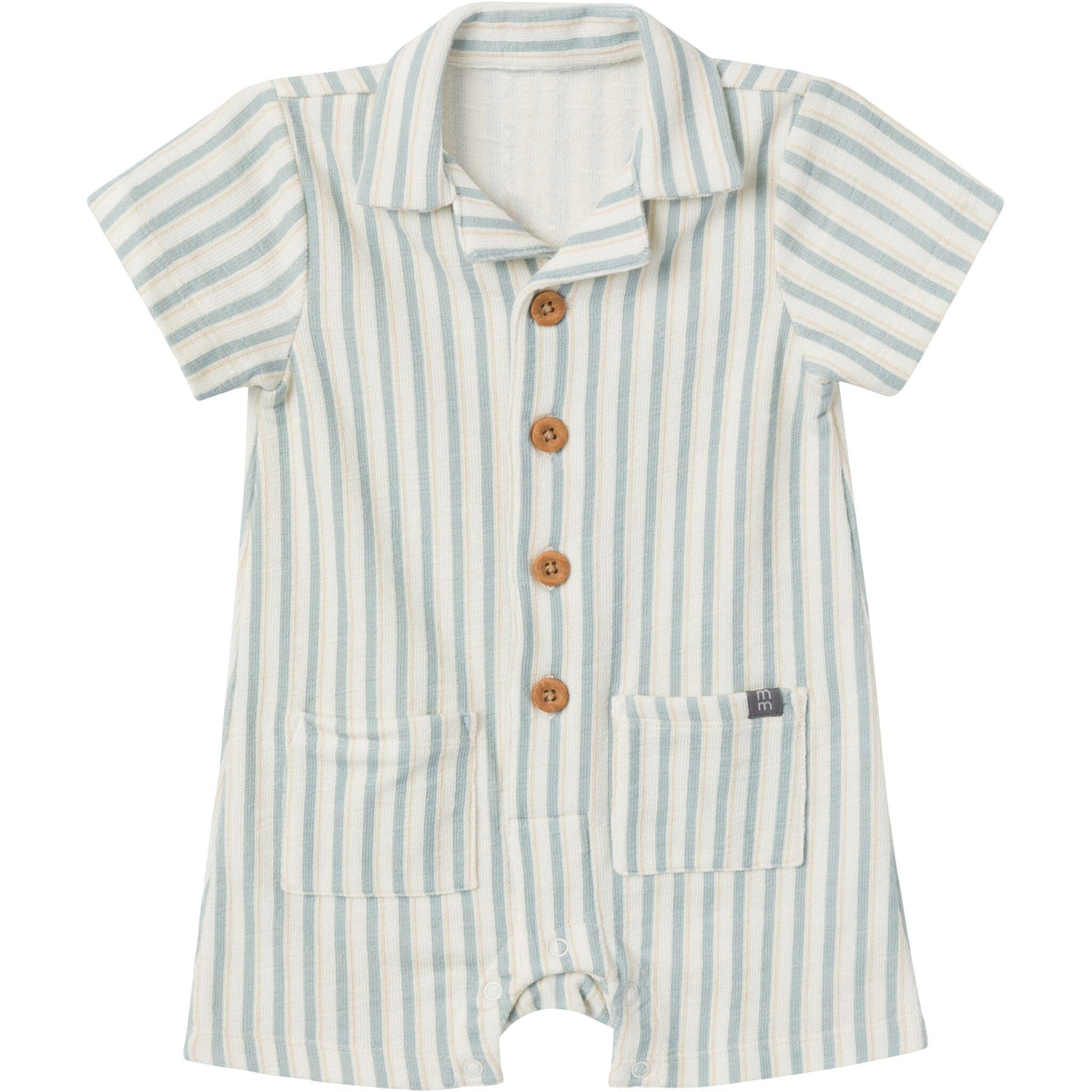 Baby Boys Ivory Teal Stripe Collared Short Sleeve Romper