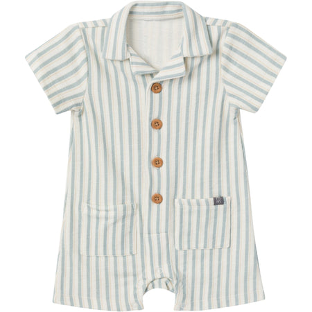 Baby Boys Teal Stripe Collared Short Sleeve Romper