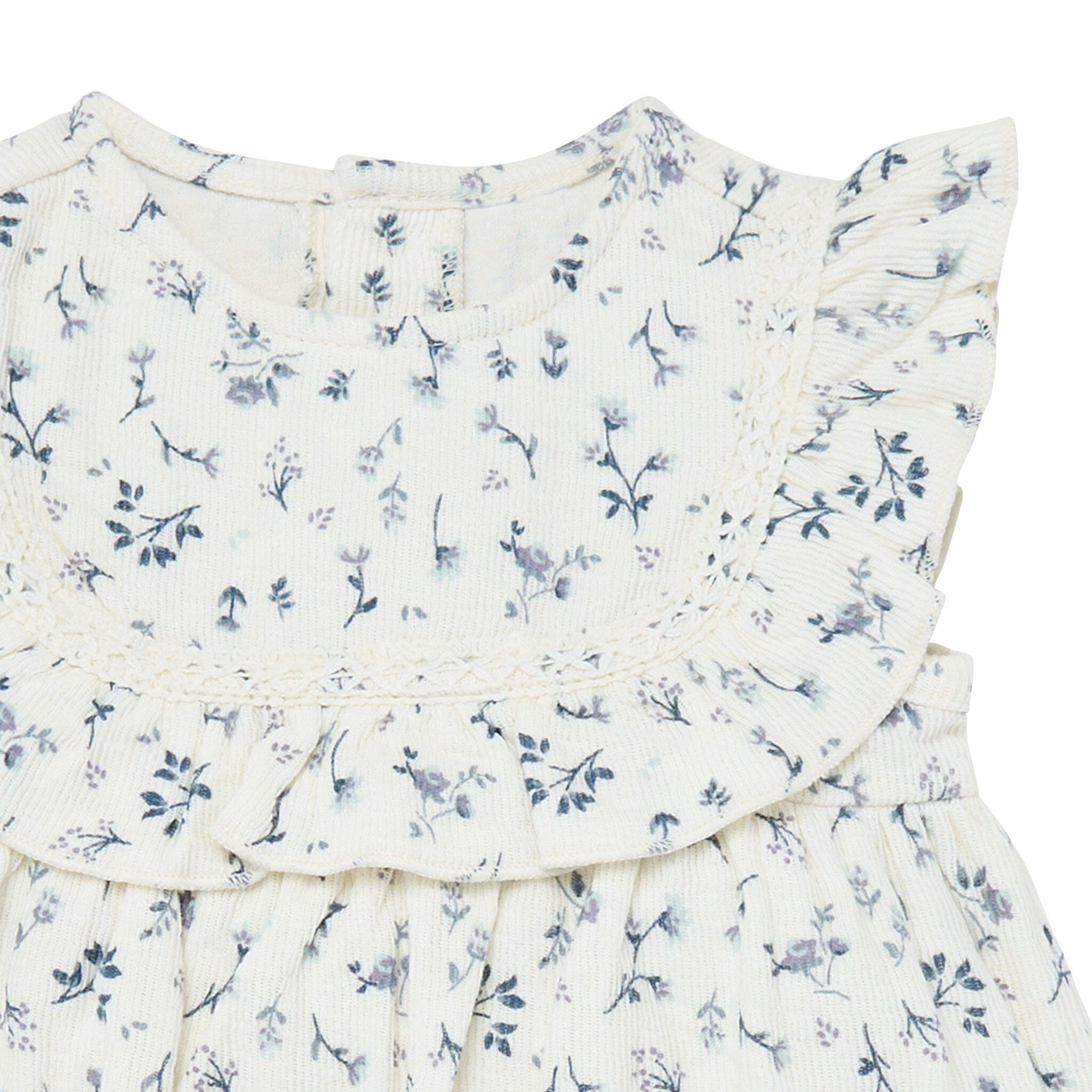 Baby Girls Ivory Blue Ditsy Ruffle Bubble Romper
