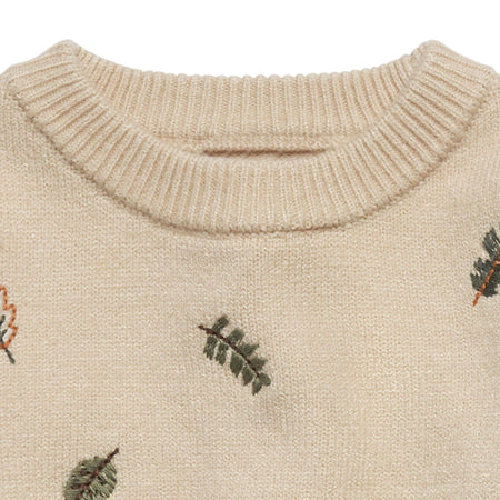 Baby Neutral Light Beige Embroidered Leaves Viscose Sweater
