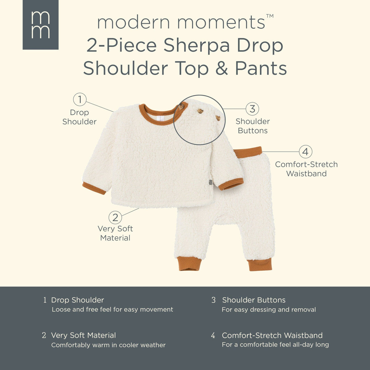 2-Piece Baby Girls Ivory Sherpa Drop Shoulder Top With Pants