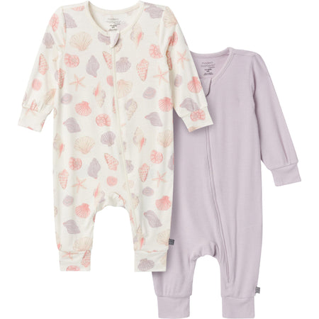 2-Pack Baby Girls Ivory Seashells Zip Front Viscose Rompers