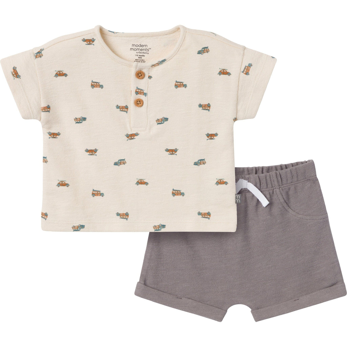 2-Piece Baby Boys Beige Beach Buggys Henley Shirt and Shorts Set