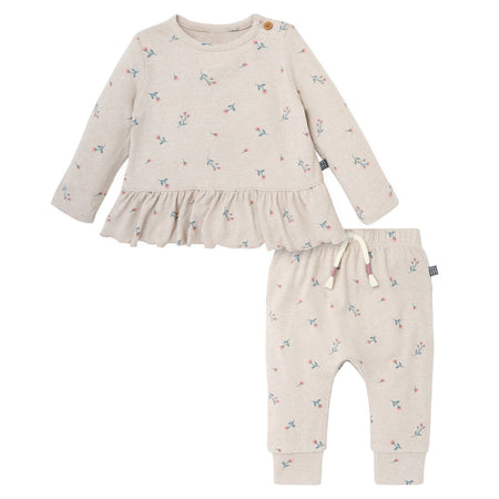 2-Piece Baby Girls Beige Tossed Floral Hacci Peplum Top and Pants