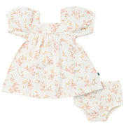 2-Piece Baby Girls Ivory Bunches Floral Puffled Sleeve Dress and Diaper Cover Set