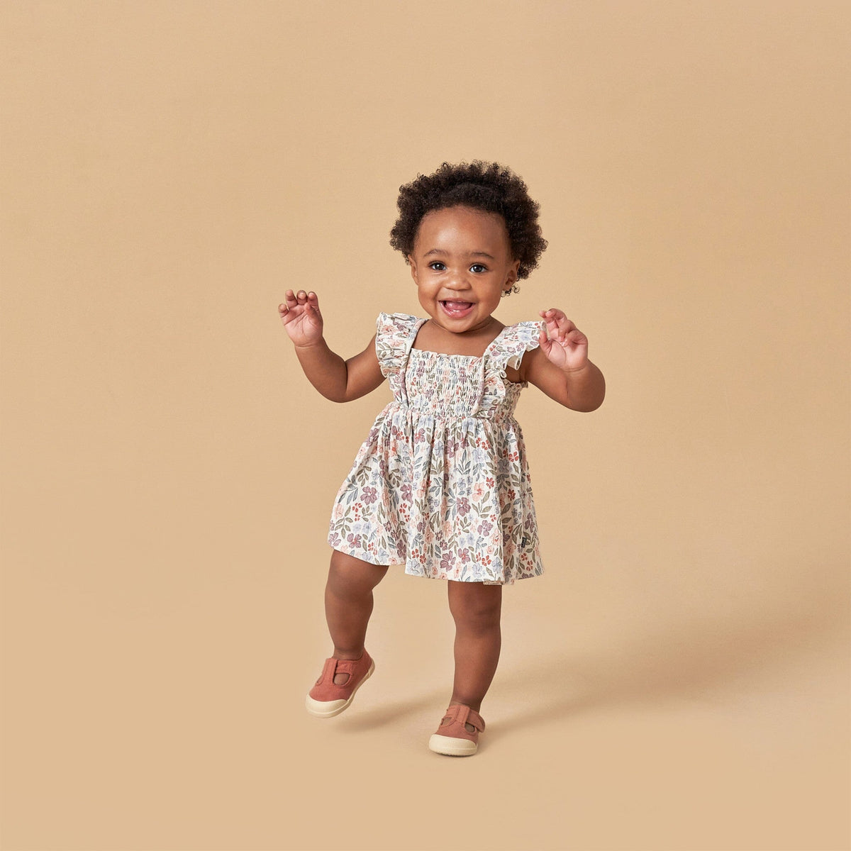 2-Piece Baby Girls Ivory Garden Ruffle Sleeve Dress and Diaper Cover Set