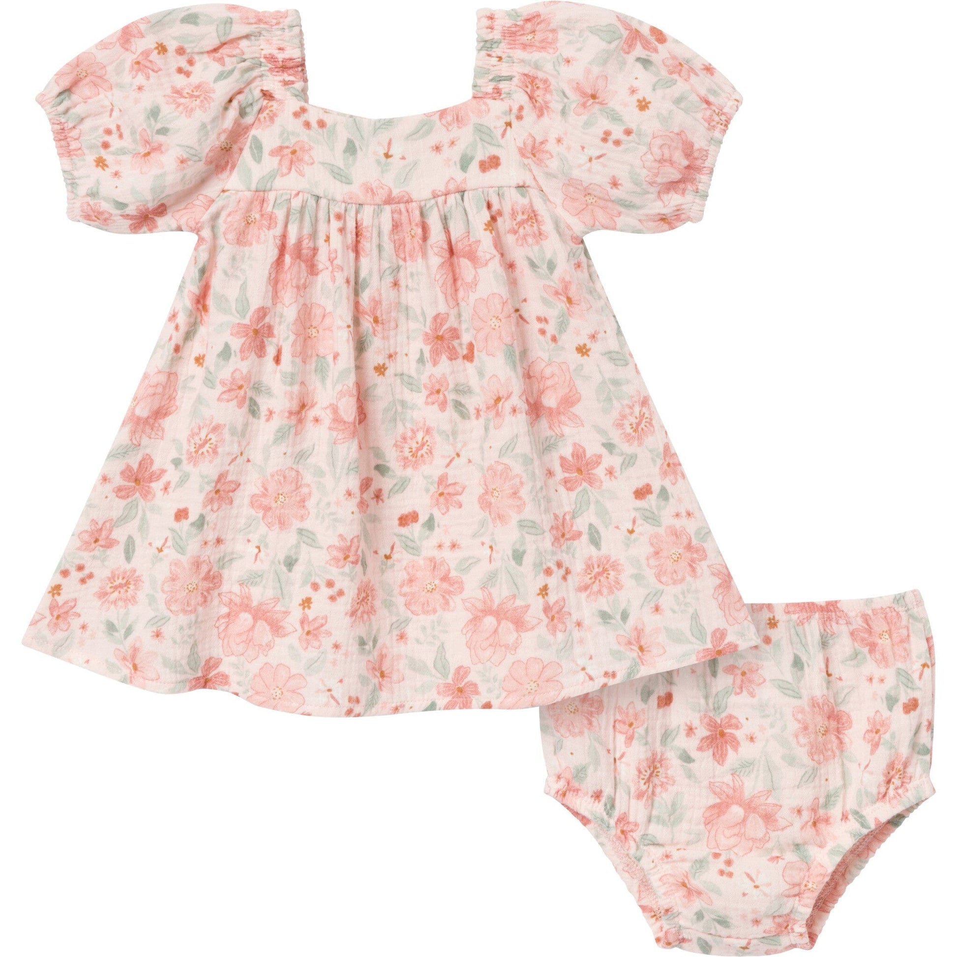 2-Piece Baby Girls Light Rose Watercolor Floral Puffled Sleeve Dress and Diaper Cover Set