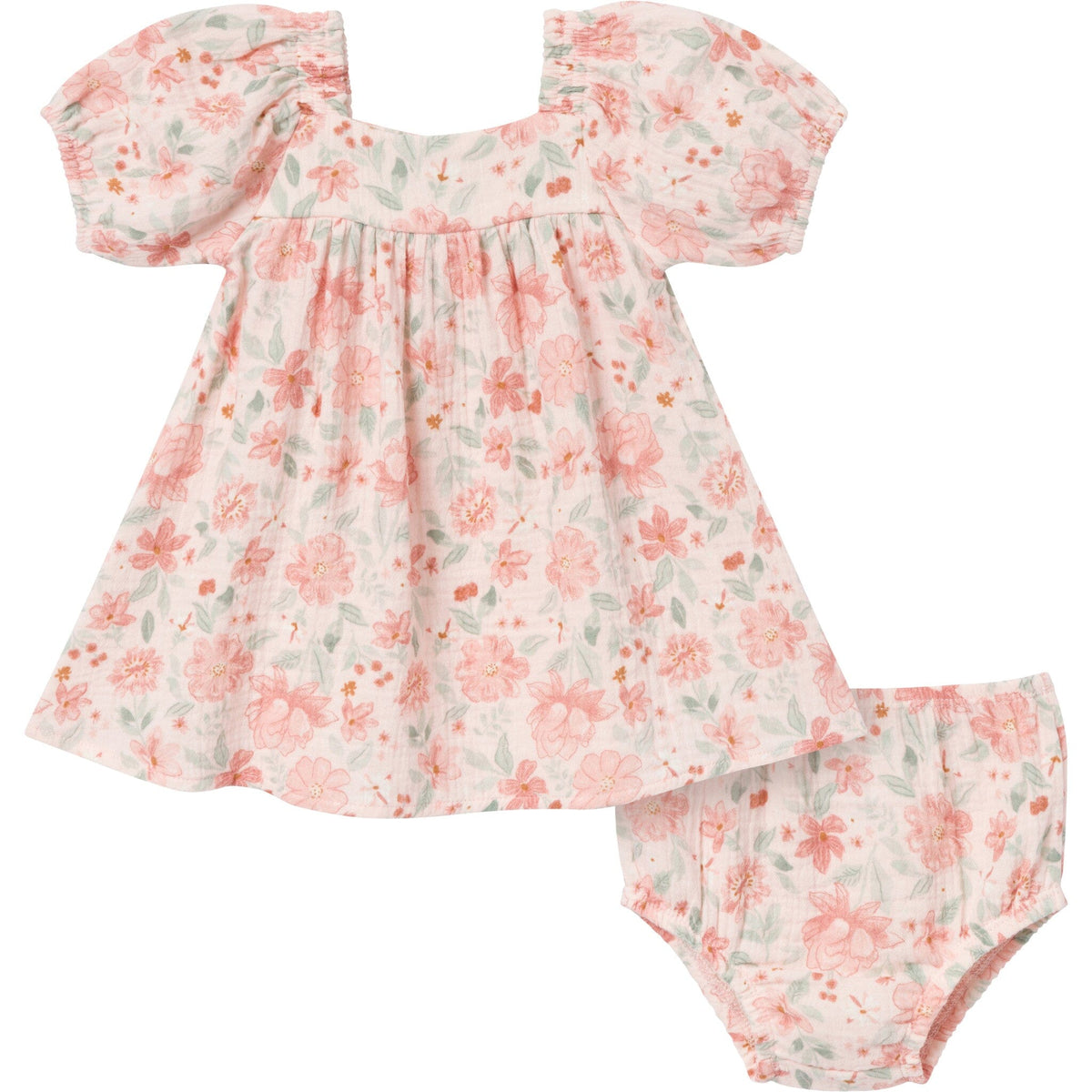 2-Piece Baby Girls Light Rose Watercolor Floral Puffled Sleeve Dress and Diaper Cover Set