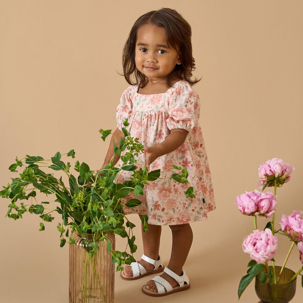 2-Piece Baby Girls Light Rose Watercolor Floral Puffled Sleeve Dress and Diaper Cover Set