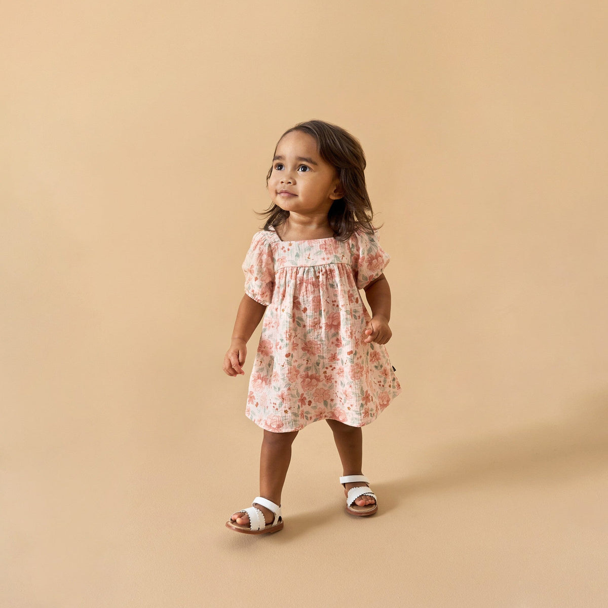2-Piece Baby Girls Light Rose Watercolor Floral Puffled Sleeve Dress and Diaper Cover Set