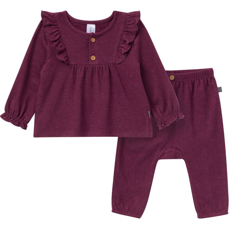 2-Piece Baby Girls Burgundy Heather Hacci Ruffle Top and Pant Set