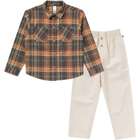2-Piece Boys Orange Plaid Shirt and Pant Set