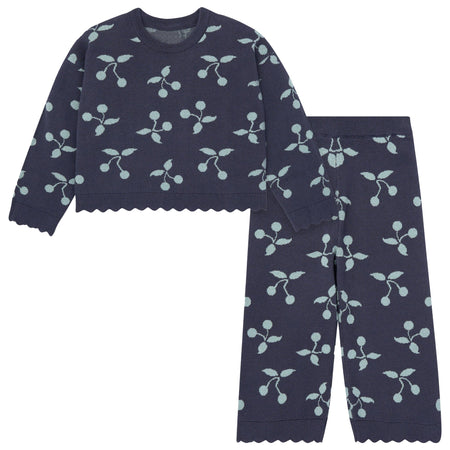 2-Piece Infant & Toddler Girls Blue Cherry Sweater and Pant Set