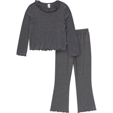 2-Piece Girls Dark Grey Ruffle Collar Top and Flare Pant Set