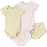 4-Pack Baby Girls Dusty Yellow Floral/Light Rose Short Sleeve Bodysuit and Shorts Set