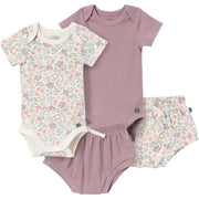 4-Pack Baby Girls Ivory Garden/Medium Lilac Short Sleeve Bodysuit and Shorts Set