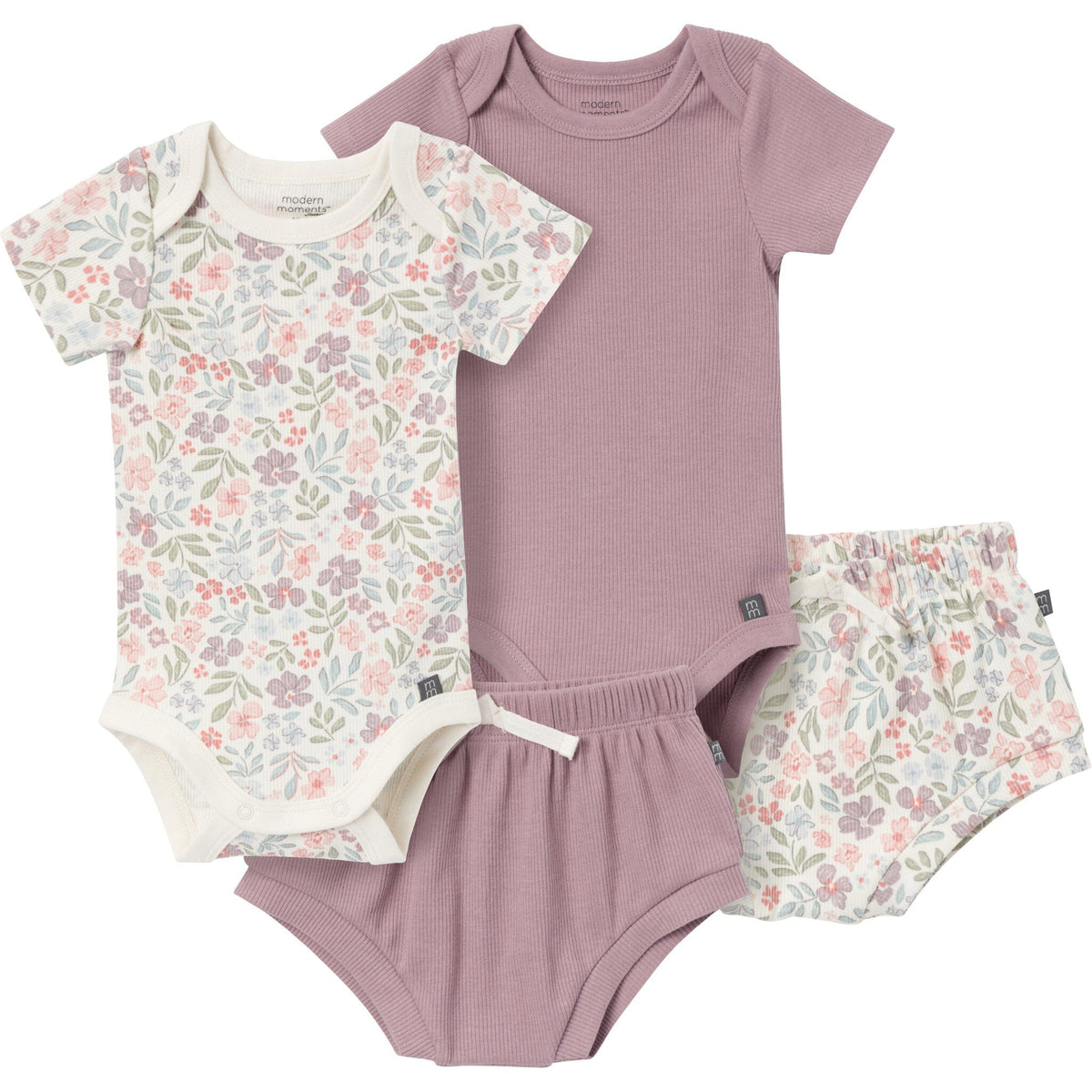 4-Pack Baby Girls Ivory Garden/Medium Lilac Short Sleeve Bodysuit and Shorts Set