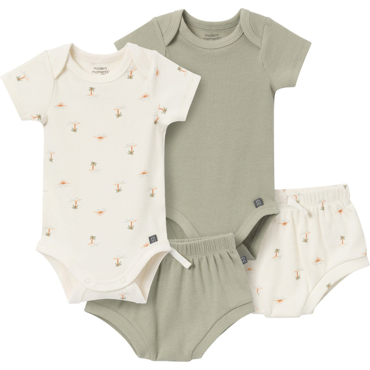 4-Pack Baby Neutral Ivory Mini Island/Medium Green Short Sleeve Bodysuit and Shorts Set