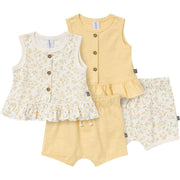 4-Piece Baby Girls Ivory Lemon Vines/Light Yellow Sleeveless Peplum Tops and Shorts Set