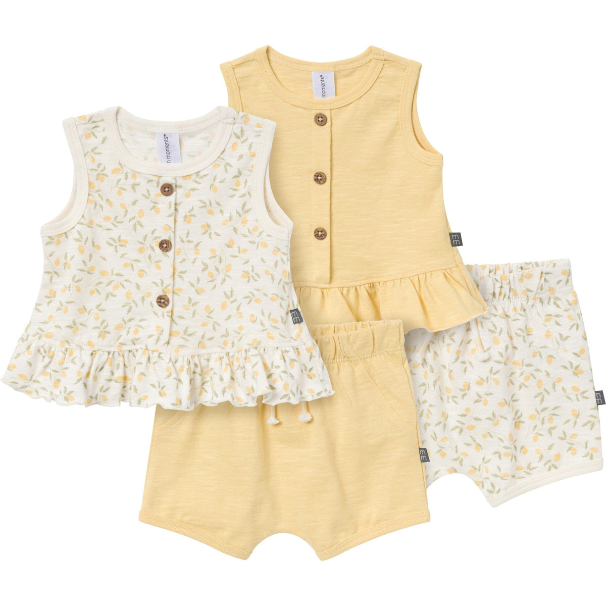 4-Piece Baby Girls Ivory Lemon Vines/Light Yellow Sleeveless Peplum Tops and Shorts Set