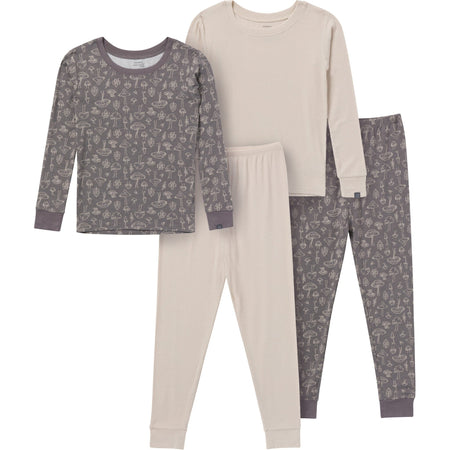 4-Piece Neutral Mushrooms Viscose Snug Fit Pajama Set
