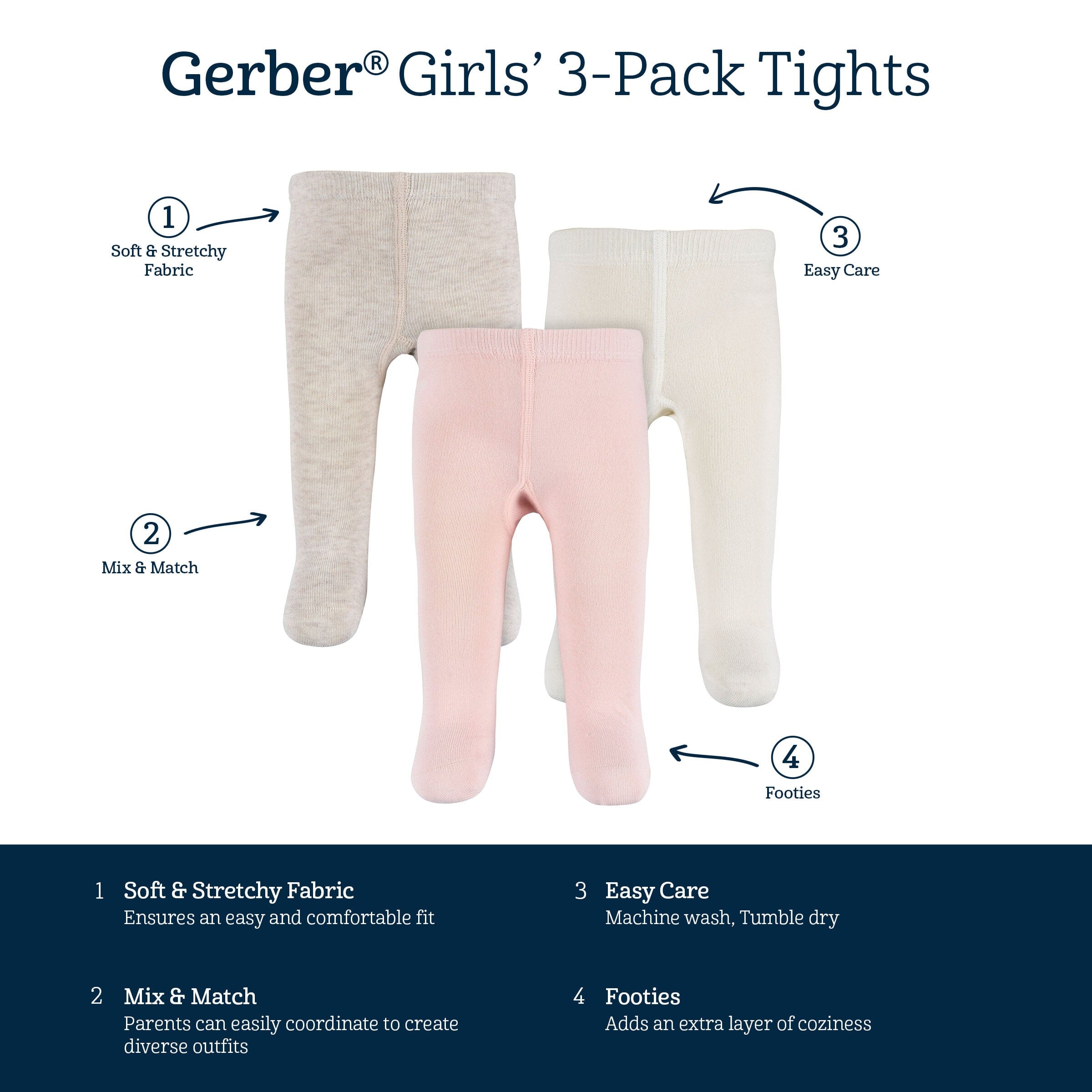 3-Piece Baby Girls Light Grey Heather Tights