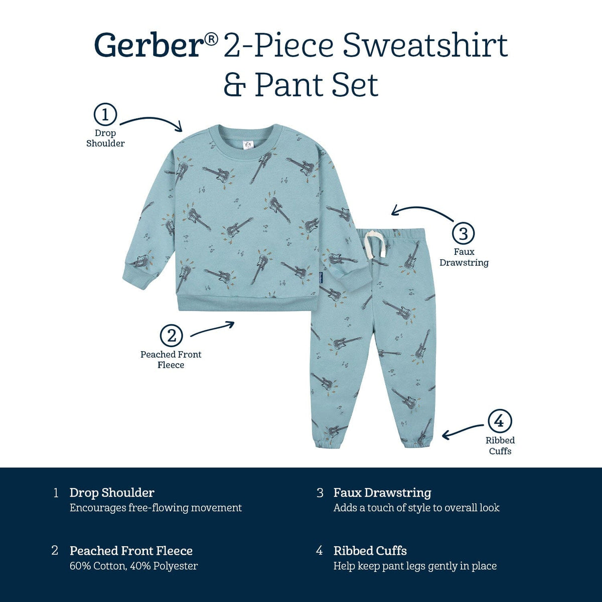 2-Piece Infant and Toddler Boys Teal Guitars Sweatshirt & Jogger Set