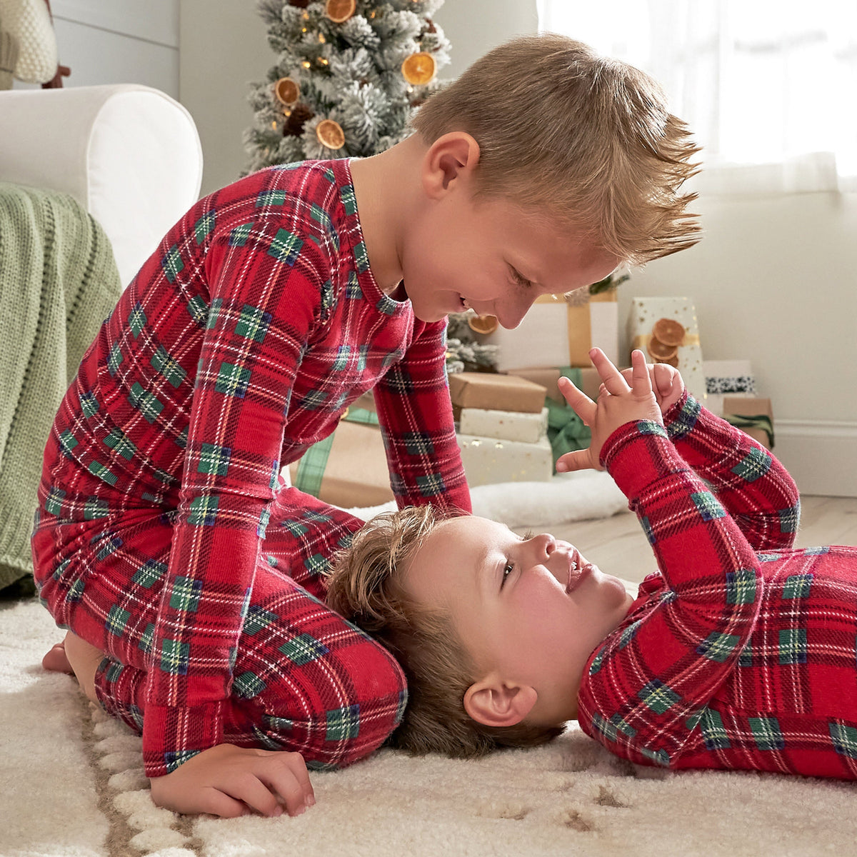 2-Piece Infant and Toddler Neutral Stewart Plaid Snug Fit Pajama Set