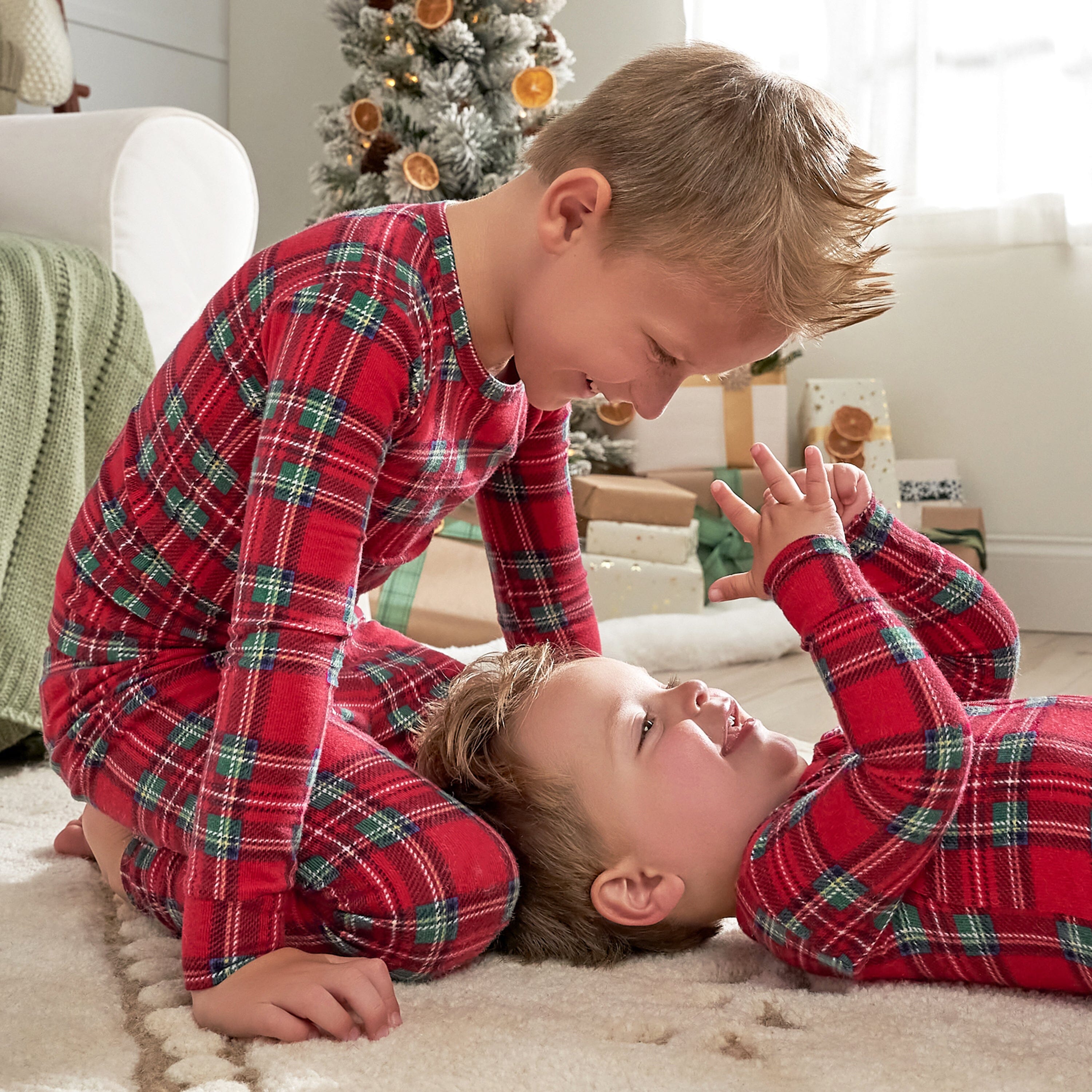 2-Piece Infant and Toddler Neutral Stewart Plaid Snug Fit Pajama Set