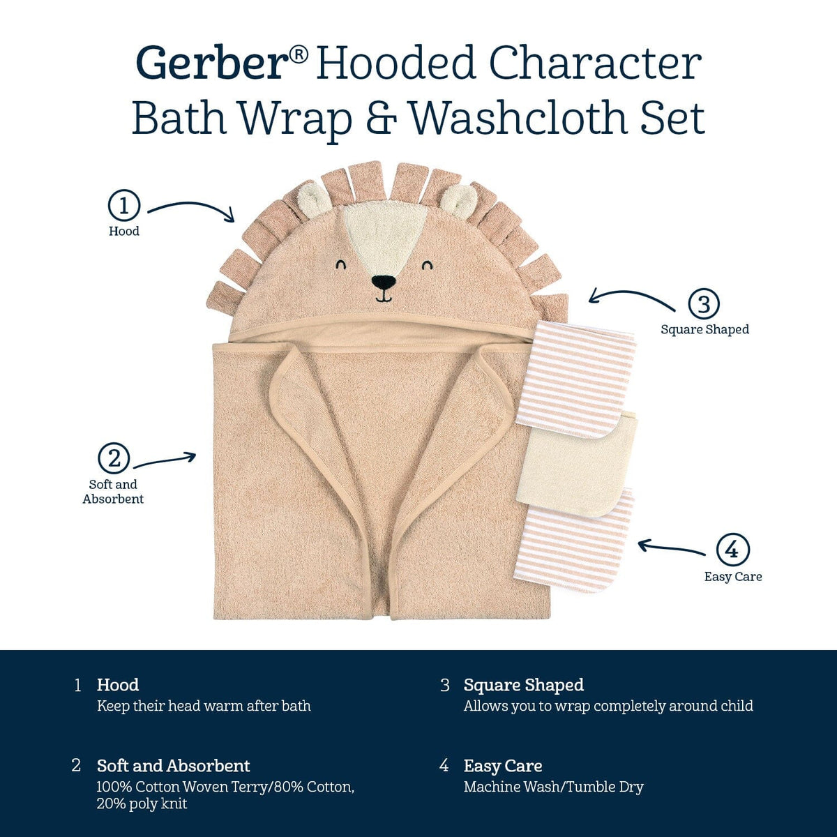 4-Piece Baby Boys Brown Lion Towel & Washcloths